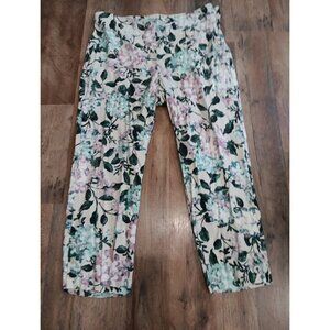 J Jill Pants Women M White Blue Floral Linen Cropped‎ Capri Elastic Waist Beachy